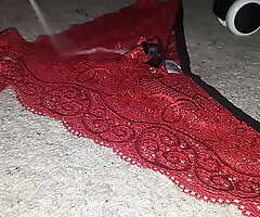 Jizzing on my Indian Mom's Lacy Red Panties