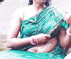 Telugu sexy Silk aunty open-air waterfall bathing, telugu Insulting talks.